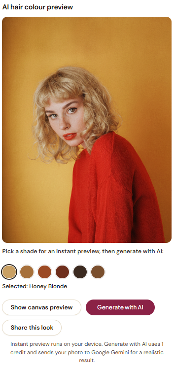 AI hair-colour try-on rendered on the user's own selfie